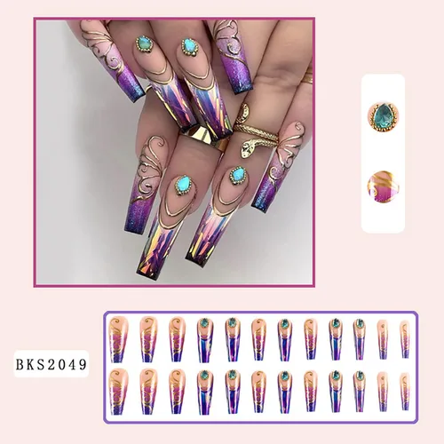 Vista 5 de Uñas postizas largas cuadradas de acrílico artificiales con punta francesa, diseño de mariposa dorada, diseño de mariposa dorada, uñas postizas