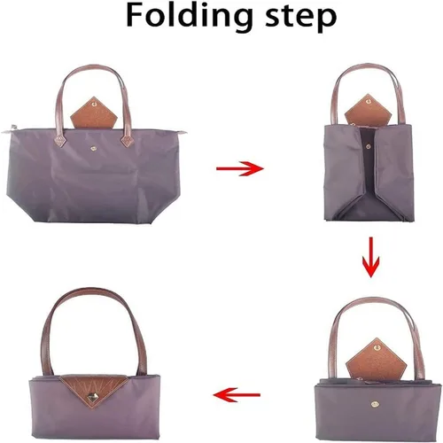 Vista 6 de Bolso de mano para mujer, bolso de hombro de nailon ligero grande y bolso de trabajo de viaje, plegable con asa superior con cremallera