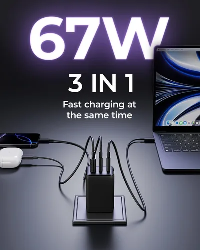 Vista 2 de wegear Cargador USB C de 67W, Bloque de Carga Rápida GaN de 3 Puertos con Enchufe Plegable, Compatible con MacBook Pro/Air, iPad Pro, iPhone