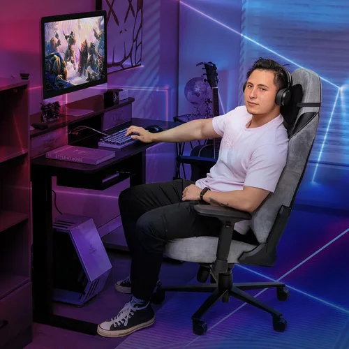 Vista 2 de Goplus Silla para videojuegos, silla giratoria de 360° en altura ajustable para computadora con soporte lumbar ajustable, reposabrazos 4D, asiento