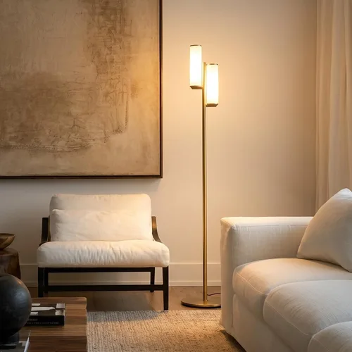 Vista 2 de Brightech Gemini - Lámpara de pie regulable con dos luces, moderna lámpara de árbol alto para dormitorio, oficina, sala de estar, oro/latón