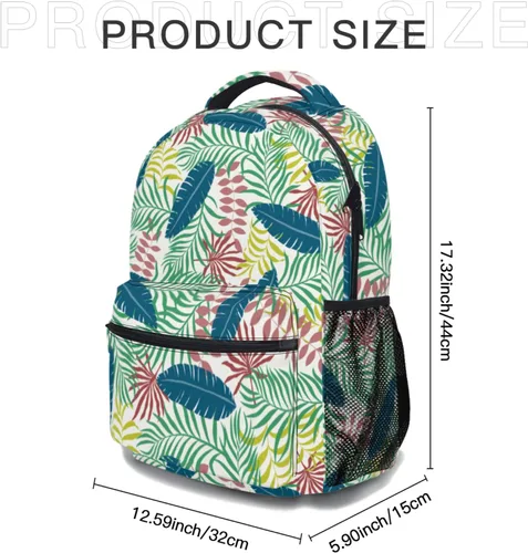 Vista 8 de Mochila escolar de hombro, mochila informal para viajes, deportes al aire libre, para mujeres, niñas, niños y adolescentes, Hoja Hawaiana, Tropical
