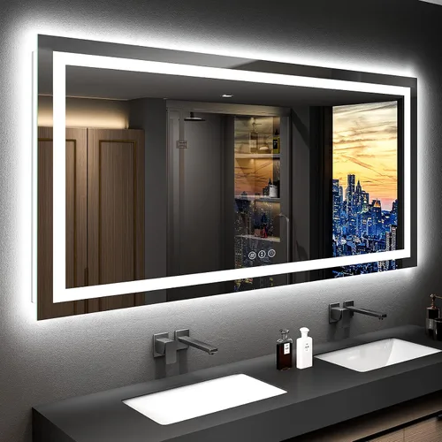 Vista 46 de Espejo de baño LED de 24x30 pulgadas con luces, espejo de tocador frontal y retroiluminado para pared de baño con 3 colores, regulable