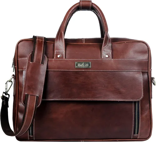 Vista 4 de Maletín de cuero genuino vintage hecho a mano para hombres, 17 pulgadas, maletín para computadora portátil, viaje de negocios, trabajo, mensajero
