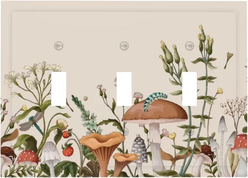 Vista 135 de Placa de Pared en Blanco de 1-Gang Sin Dispositivo Beige Lindo Vintage Boho de los 70s Hongo Fungus Planta Floral Botánica Libélula Interruptor