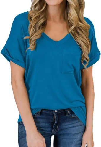 Vista 23 de Miholl Camiseta holgada, informal, de manga corta, con cuello en V, para mujer Blanco (02 White)