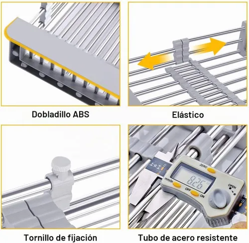 Vista 2 de LUEXBOX Escurridor extensible para secar platos sobre el fregadero, cesta escurridor de acero inoxidable con brazos ajustables para verduras y Gris