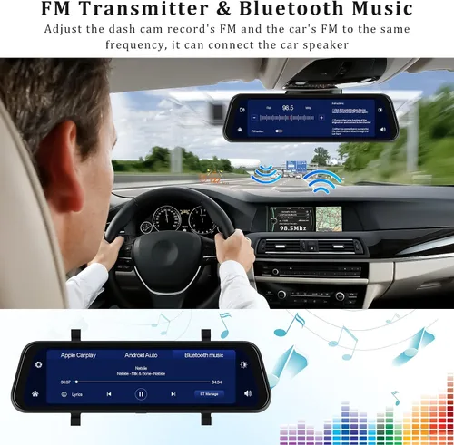 Vista 4 de Cámara de espejo retrovisor con Carplay y Android Auto, 9.66 pulgadas 1080P espejo Dash Cam frontal y trasera con control de voz