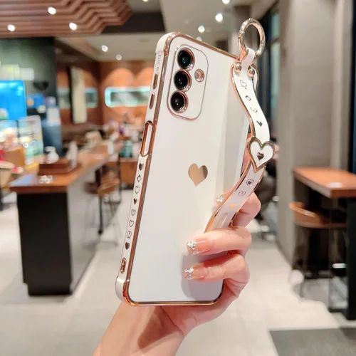 Vista 2 de DEFBSC Funda compatible con Samsung Galaxy A14 5G, con borde galvanizado con correa para la muñeca, protección completa de la cámara, esquinas Blanco