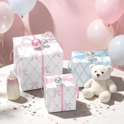 Vista 5 de BIOBROWN Rollo de papel de regalo reversible para baby shower, 17 pulgadas x 33 pies (47 pies cuadrados total) - Lazos rosas y diseño de diamante