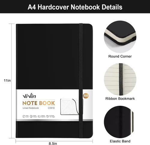 Vista 2 de ViVin Cuaderno A4 con rayas universitarias para el trabajo, diario de tapa dura de cuero de 8.5 x 11 pulgadas, 192 páginas, cuaderno rayado