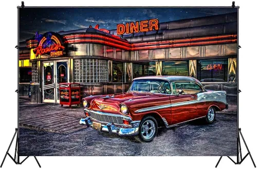Vista 5 de Telón de Fondo de Rock Roll de los 50s para Diner, 1950s Coche Vintage Retro Nostalgia para Fotografía, 1.5x0.9m Telón de Fondo para Fotos