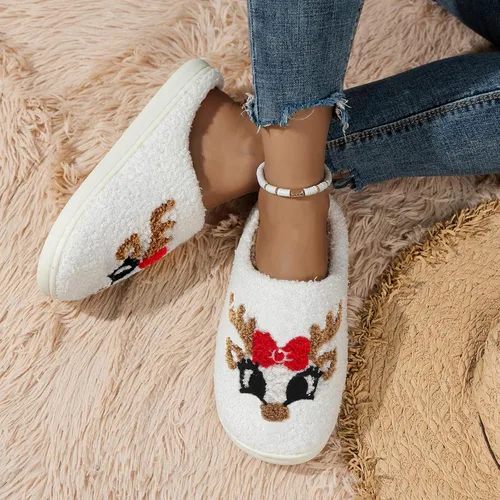 Vista 2 de Menore Pantuflas de Navidad con reno para mujer y hombre, pantuflas de felpa cálidas de Papá Noel, pantuflas de casa mullidas, regalos de Navidad