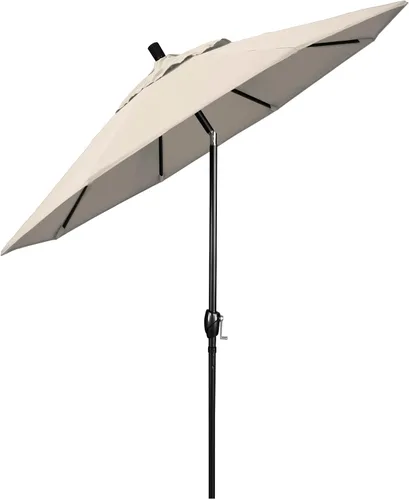 Vista 2 de California Umbrella Paraguas redondo de aluminio de 9 pies, manivela elevadora, botón de inclinación, poste negro, olefina beige antiguo