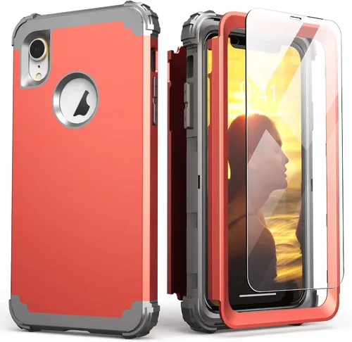 Vista 32 de IDweel Funda para iPhone XR, funda para iPhone XR con protector de pantalla de vidrio templado, 3 en 1, a prueba de golpes, delgada, híbrida, Negro