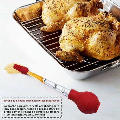 Vista 9 de KAYCROWN Turkey Baster - Bombilla de silicona de calidad comercial que incluye 2 agujas inyectoras de adobo de carne con cepillo de barbacoa y Rojo
