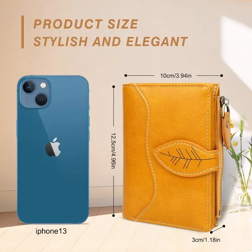 Vista 4 de CONISY Cartera pequeña para mujer, cartera compacta de cuero plegable con correa de muñeca con bloqueo RFID para mujer, Amarillo, Casual, clásico