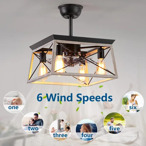 Vista 5 de Dalouguan Ventilador de techo enjaulado con luz, ventilador de techo sin aspas de 4 luces con luces y control remoto, ventilador de techo rústico