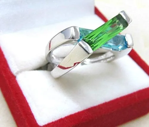 Vista 5 de Anillo moderno de plata esterlina cruzada flotante de helenita azul y verde R98S 4.0 ct