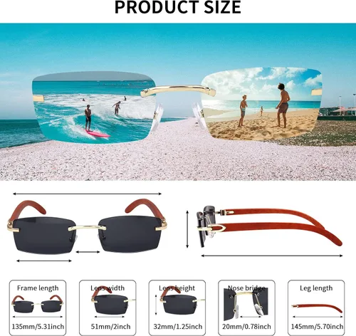 Vista 4 de Dollger Gafas de sol rectangulares sin montura para hombres y mujeres diseño de madera hip-hop pequeñas gafas de sol cuadradas sin marco de los años