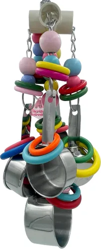 Vista 2 de Macetas metálicas y cuerdas de anillo multicolor, 5 tazas de acero inoxidable y anillos de madera para loro grande y extra grande, amazonas