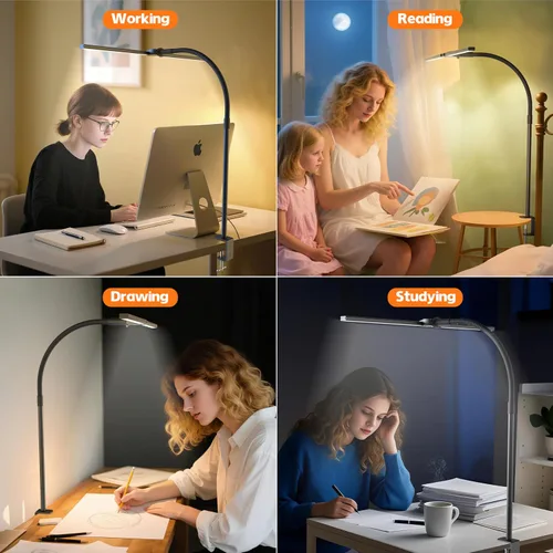 Vista 6 de Lámpara de escritorio para oficina en casa, luz de monitor de pantalla dual de 15 W con abrazadera, luz de computadora de cuello de cisne ajustable