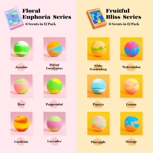 Vista 3 de Bombas de baño de regalo, paquete de 24 bombas de burbujas con 12 aromas únicos, colecciones florales y afrutadas, calmante para la piel y mejora