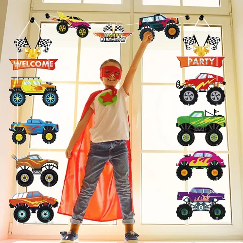 Vista 5 de Containlol 13 piezas de Monster Car Truck suministros para fiesta de cumpleaños de autos divertidos, decoraciones de fiesta de camión, recortes