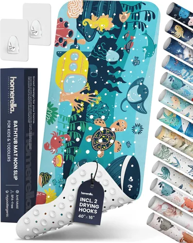 Vista 31 de Homerella - Alfombrilla de baño antideslizante y antideslizante para niños, 40 x 16 pulgadas, sin BPA, incluye 2 ganchos, tapete de ducha lavable