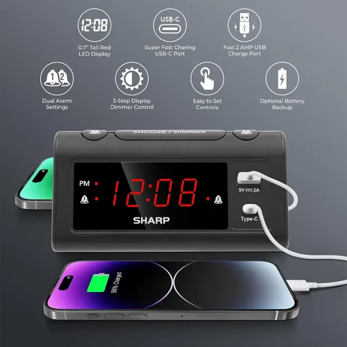 Vista 4 de Reloj de Alarma Sharp para Dormitorios, Carga USB-C Super Rápida y Carga USB de 2 Amperios Rápida, 2 Alarmas, Atenuador de 3 Pasos, Función Reposo