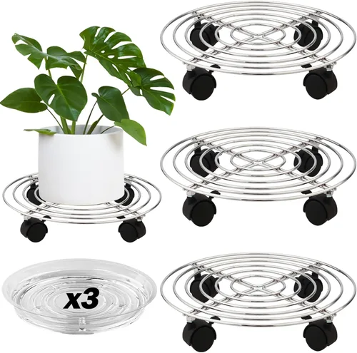 Vista 12 de Paquete de 3 organizadores grandes de metal para plantas con ruedas de 13.8 pulgadas, soporte rodante resistente con ruedas para macetas