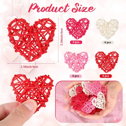 Vista 2 de 24 bolas de ratán en forma de corazón de San Valentín de 2.36 pulgadas, rellenos de tazones de jarrón de corazón, decoración de ratán de mimbre