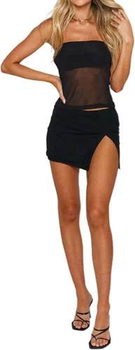 Vista 4 de Remidoo Camiseta corta de malla transparente para mujer, sin tirantes, sin mangas, sin mangas