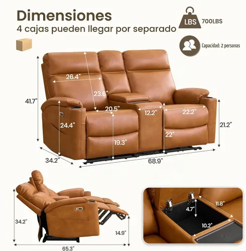Vista 2 de Sofá biplaza reclinable eléctrico, sofá reclinable eléctrico Marrón