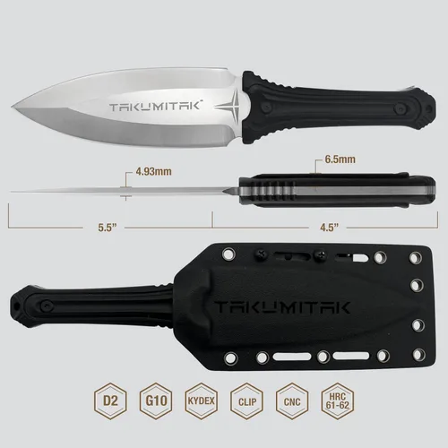 Vista 2 de Cuchillo táctico, cuchillo de caza, cuchillo de supervivencia, hoja de punta de lanza D2, mango G10, funda Kydex, clip Molle, cuchillos de hoja