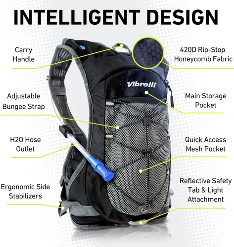 Vista 7 de Vibrelli Hydration Backpack & 2L Hydration Bladder - High Flow Bite Valve - Hydration Pack for Cycling, Running, Hiking