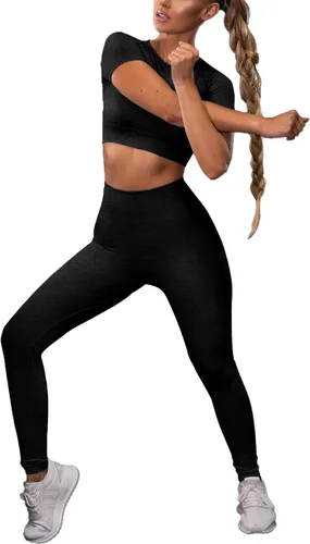 Vista 5 de LYANER Conjuntos de entrenamiento para mujer, camiseta corta de manga corta y leggings de cintura alta, conjuntos de yoga de 2 piezas