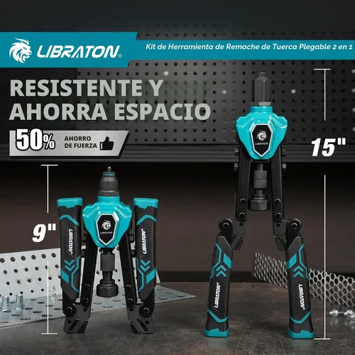 Vista 2 de LIBRATON Herramienta de tuerca de remache 2 en 1 y kit de pistola de remache plegable, con 11 mandriles (métrico y SAE) y 5 piezas de nariz