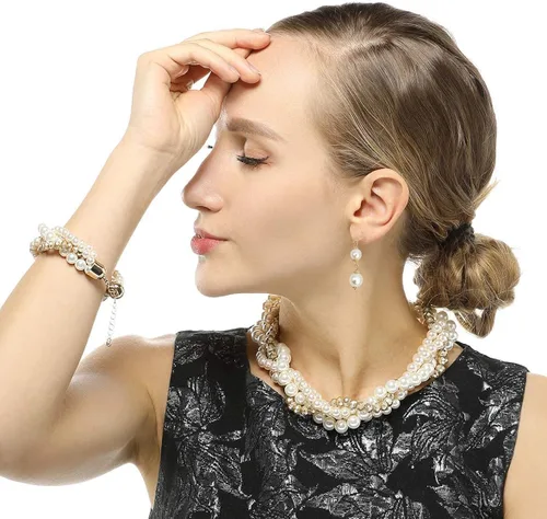 Vista 8 de S SUSANN Juego de collar de perlas de imitación, collar de perlas de imitación y aretes, buen regalo para mujeres