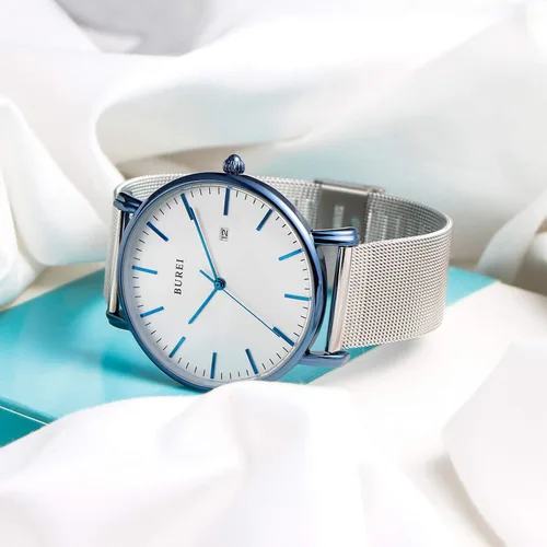 Vista 4 de BUREI - Reloj de pulsera analógico para hombre con fecha, extensible de malla de acero inoxidable