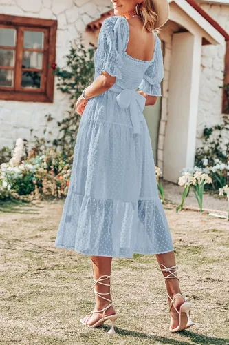 Vista 2 de MEROKEETY - Vestido de verano con lunares suizos para mujer vestido midi con cuello cuadrado, mangas abombadas, volados, lazo en la espalda