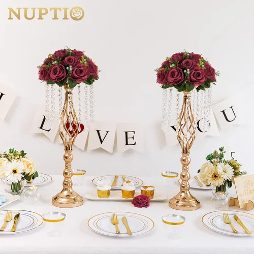 Vista 8 de NUPTIO Arreglo de Bolas de Flores en Ramo - 2 Piezas de 9.5 Pulgadas de Diámetro Bolas de Flores Falsas Carmesí Rosas para Centros de Mesa Mesas