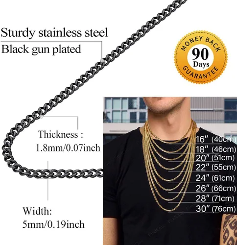 Vista 5 de FindChic - Cadena de eslabones para hombre, chapado en oro de 18 quilates, acero inoxidable, negro, collar para hombres y niños, 14 a 30pulgadas, 8