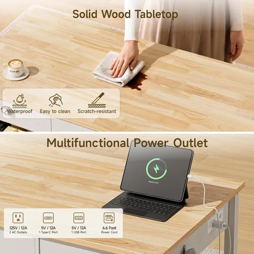 Vista 5 de ONBRILL Isla de cocina de 59 pulgadas con almacenamiento, mesa de madera maciza de goma