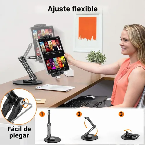 Vista 2 de Soporte para iPad, soporte de escritorio para tableta, oficina, cocina, dormitorio, base giratoria de 360°, ajustable, plegable, soporte