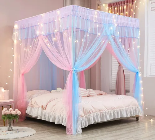 Vista 21 de Mengersi Cortina para Dosel de Cama Princesa, con 4 Esquinas, Dosel con Mosquitero para Cama de Princesa (Blanco, Doble)