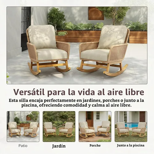 Vista 5 de Christopher Knight Home Nadine Mecedora de Patio, Mecedora de Mimbre, Mecedora de Patas de Madera, Silla de Mimbre de Ratán PE, Mecedora con Beige