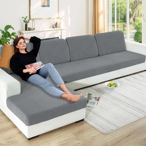 Vista 53 de YEMYHOM Funda de cojín para sofá, funda de cojín de asiento de alta elasticidad, tela jacquard geométrica de felpa, protector de sofá antideslizante