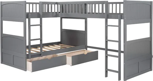 Vista 4 de Harper & Bright Designs Literas triples en forma de L, cama de tamaño individual con una cama alta adjunta, litera de madera con dos cajones de Gris