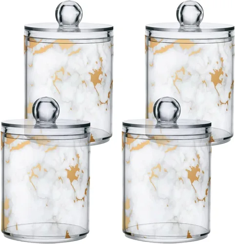 Vista 3 de ALAZA Paquete de 2 dispensadores de soporte Qtip para bolas de algodón, mármol gris, blanco, oro, hisopo de algodón fluido, almohadillas redondas